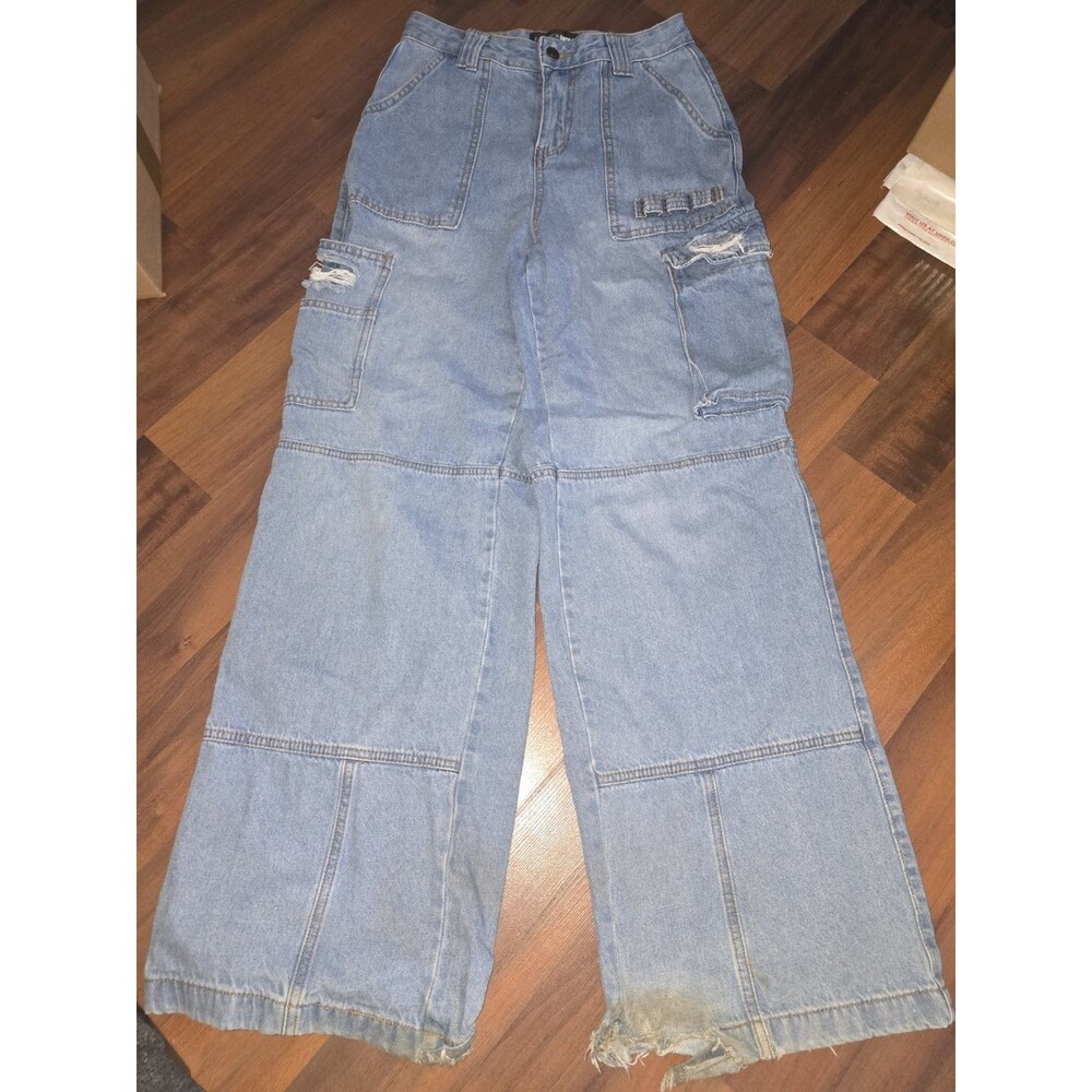 Fashion Nova Distressed Cargo Jeans Wide Leg Baggy Y2K Utility Denim Sz 3